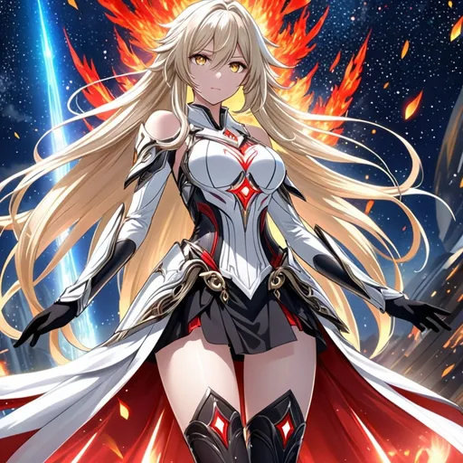 Prompt: anime, girl, detailed, very detailed, a woman in a white clothes, black skirt, stars and galactic in the background, official art, anime, girl, detailed, very detailed, crystal yellow eyes, very long blonde hair, 8k, detailed eyes, Anime illustration of a tall woman, fire aura, black thigh-highs, bright pupils, space, starfalls , high quality, thin body, anime art, detailed eyes, professional, atmospheric lighting, normal hands, five fingers, aura, adult woman, cold face, sharp eyes, 1girl, glowing eyes, Lumine from genshin impact, dress, textured corset with gold accessories, wearing long black gloves, bare shoulders, pyrokinesis, flame, white long arms shirt with black gloves, a white armor futuristic suit, Very long blonde hair