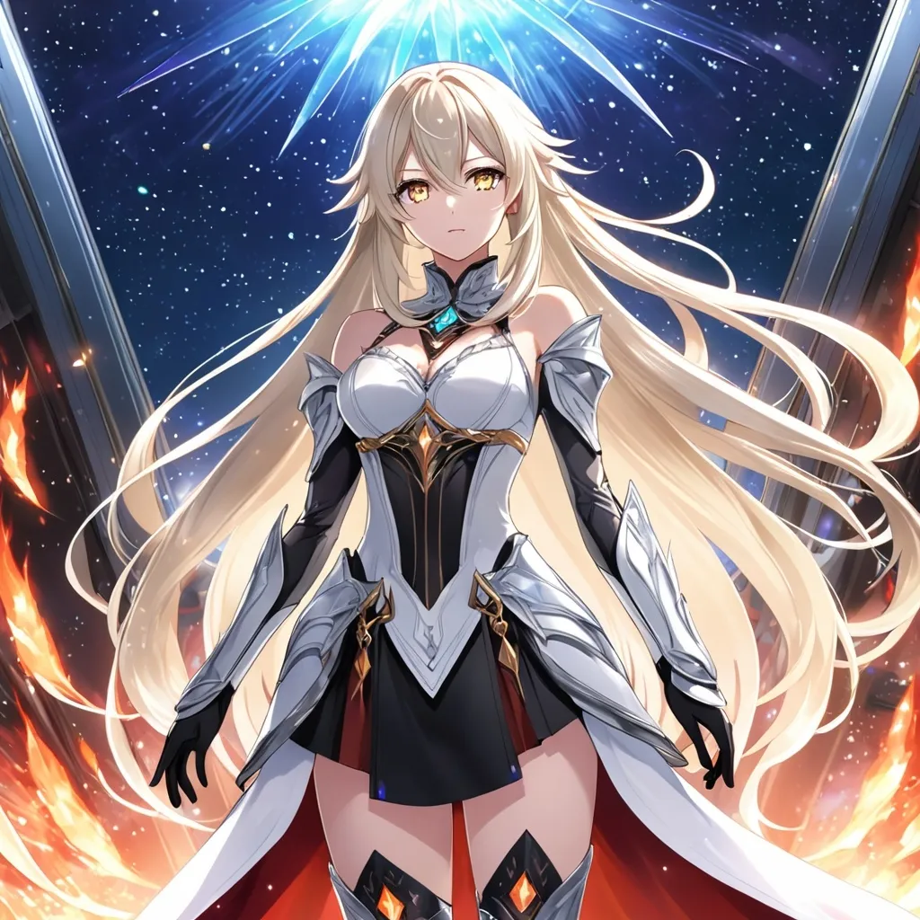 Prompt: anime, girl, detailed, very detailed, a woman in a white clothes, black skirt, stars and galactic in the background, official art, anime, girl, detailed, very detailed, crystal yellow eyes, very long blonde hair, 8k, detailed eyes, Anime illustration of a tall woman,  flame fairy wings, black thigh-highs, bright pupils, space, starfalls , high quality, thin body, anime art, detailed eyes, professional, atmospheric lighting, normal hands, five fingers, aura, adult woman, cold face, sharp eyes, 1girl, glowing eyes, Lumine from genshin impact, dress, textured corset with gold accessories, wearing long black gloves, bare shoulders, pyrokinesis, flame, white long arms shirt with black gloves, a white armor futuristic suit, Very long blonde hair