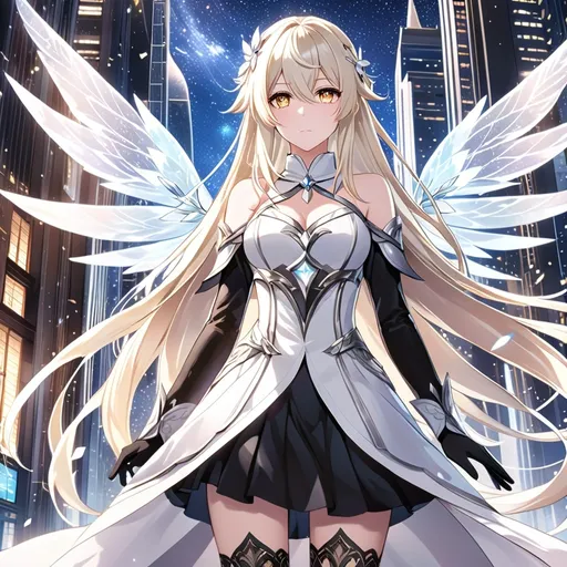 Prompt: anime, girl, detailed, very detailed, a woman in a black clothes, black skirt with a sword on a city street with skyscrapers in the background, official art, anime, girl, detailed, very detailed, crystal yellow eyes, very long blonde hair, 8k, detailed eyes, Anime illustration of a tall woman, gold light fairy wings, black thigh-highs, bright pupils, space, starfalls , high quality, thin body, anime art, detailed eyes, professional, atmospheric lighting, normal hands, five fingers, aura, adult woman, cold face, sharp eyes, 1girl, glowing eyes, Lumine from genshin impact, dress, textured corset with gold accessories, wearing long black gloves, bare shoulders