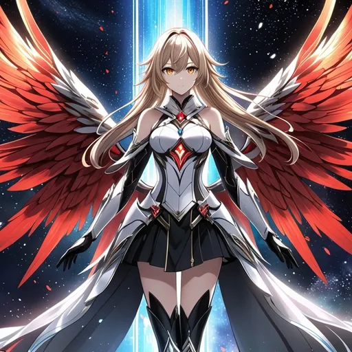 Prompt: anime, girl, detailed, very detailed, a woman in a white clothes, black skirt, stars and galactic in the background, official art, anime, girl, detailed, very detailed, crystal yellow eyes, very long blonde hair, 8k, detailed eyes, Anime illustration of a tall woman,  flame wings, black thigh-highs, bright pupils, space, starfalls , high quality, thin body, anime art, detailed eyes, professional, atmospheric lighting, normal hands, five fingers, aura, adult woman, cold face, sharp eyes, 1girl, glowing eyes, Lumine from genshin impact, dress, textured corset with gold accessories, wearing long black gloves, bare shoulders, pyrokinesis, flame, white long arms shirt with black gloves, a white armor futuristic suit