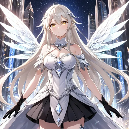 Prompt: anime, girl, detailed, very detailed, a woman in a white shirt inside, black skirt with a sword on a city street with skyscrapers in the background, official art, anime, girl, detailed, very detailed, crystal yellow eyes, very long blonde hair, 8k, detailed eyes, Anime illustration of a tall woman, light fairy wings, black thigh-highs, bright pupils, space, starfalls , high quality, thin body, anime art, detailed eyes, professional, atmospheric lighting, normal hands, five fingers, aura, adult woman, cold face, sharp eyes, 1girl, glowing eyes, Lumine from genshin impact, dress, textured corset with gold accessories, wearing long black gloves, bare shoulders