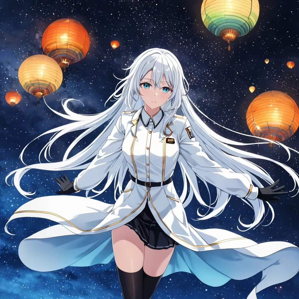 Prompt: 1girl, an anime girl with long white hair, anime art, an anime drawing, dull eyes, aqua eyes, tall woman, high quality, thin body, hands behind back, black thighhighs, bright pupils, white clothes, nightfall, black gloves, white jacket, black skirt