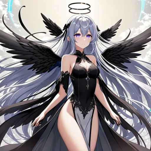 Prompt: 1girl, an anime girl with long blue hair, anime art, an anime drawing, dull eyes, purple eyes, tall woman, high quality, thin body, multiple wings, angel, six wings, hands behind back, head wings, glowing eyes