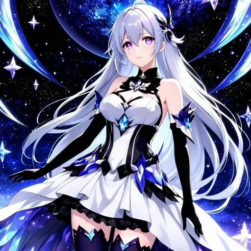 Prompt: Crystal purple eyes, long silver hair, galactic background, 8k, he, detailed eyes, glove holding, textured dress, textured corset with silver accessories, Anime illustration of a tall woman wearing a white dress, hands behind back, black thigh-highs and long black gloves, bright pupils, space, starfalls , high quality, thin body, anime art, detailed eyes, professional, atmospheric lighting, normal hands, five fingers, aura, adult woman, cold face, herrscher from honkai impact's outfit, sharp eyes, 1girl, glowing eyes