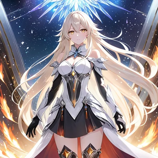 Prompt: anime, girl, detailed, very detailed, a woman in a white clothes, black skirt, stars and galactic in the background, official art, anime, girl, detailed, very detailed, crystal yellow eyes, very long blonde hair, 8k, detailed eyes, Anime illustration of a tall woman,  flame fairy wings, black thigh-highs, bright pupils, space, starfalls , high quality, thin body, anime art, detailed eyes, professional, atmospheric lighting, normal hands, five fingers, aura, adult woman, cold face, sharp eyes, 1girl, glowing eyes, Lumine from genshin impact, dress, textured corset with gold accessories, wearing long black gloves, bare shoulders, pyrokinesis, flame, white long arms shirt with black gloves, a white armor futuristic suit, Very long blonde hair, cape