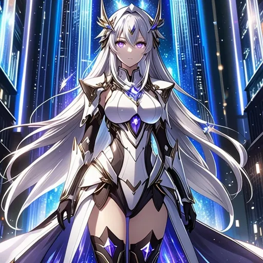 Prompt: anime, girl, detailed, very detailed, a woman in a white armor futuristic suit with a sword on a city street with skyscrapers in the background, official art, anime, girl, detailed, very detailed, crystal purple eyes, very long silver hair, 8k, he, detailed eyes, glove holding, Anime illustration of a tall woman, hands behind back, black thigh-highs and black gloves, bright pupils, space, starfalls , high quality, thin body, anime art, detailed eyes, professional, atmospheric lighting, normal hands, five fingers, aura, adult woman, cold face, sharp eyes, 1girl, glowing eyes