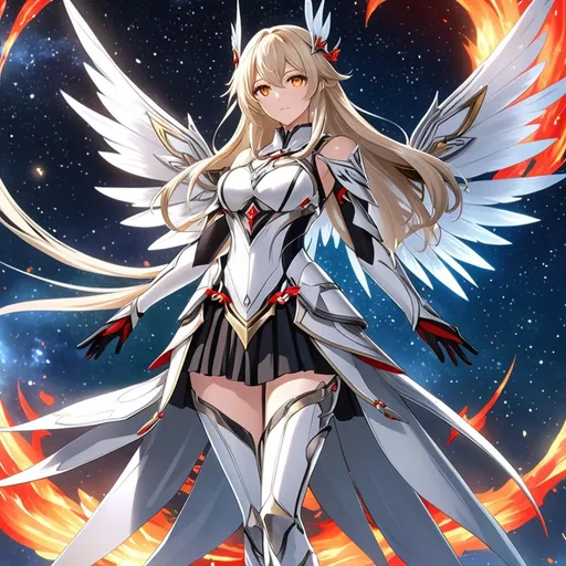 Prompt: anime, girl, detailed, very detailed, a woman in a white clothes, black skirt, stars and galactic in the background, official art, anime, girl, detailed, very detailed, crystal yellow eyes, very long blonde hair, 8k, detailed eyes, Anime illustration of a tall woman,  flame fairy wings, black thigh-highs, bright pupils, space, starfalls , high quality, thin body, anime art, detailed eyes, professional, atmospheric lighting, normal hands, five fingers, aura, adult woman, cold face, sharp eyes, 1girl, glowing eyes, Lumine from genshin impact, dress, textured corset with gold accessories, wearing long black gloves, bare shoulders, pyrokinesis, flame, white long arms shirt with black gloves, a white armor futuristic suit