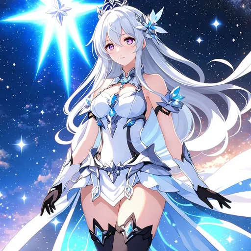 Prompt: Anime illustration of a tall woman with very long white hair, purple eyes, wearing a white dress, hands behind back, black thigh-highs, and gloves, bright pupils, space, stars , high quality, thin body, anime art, detailed eyes, professional, atmospheric lighting, normal hands, five fingers, goddess, halo, adult woman, herrscher from honkai impact's outfit