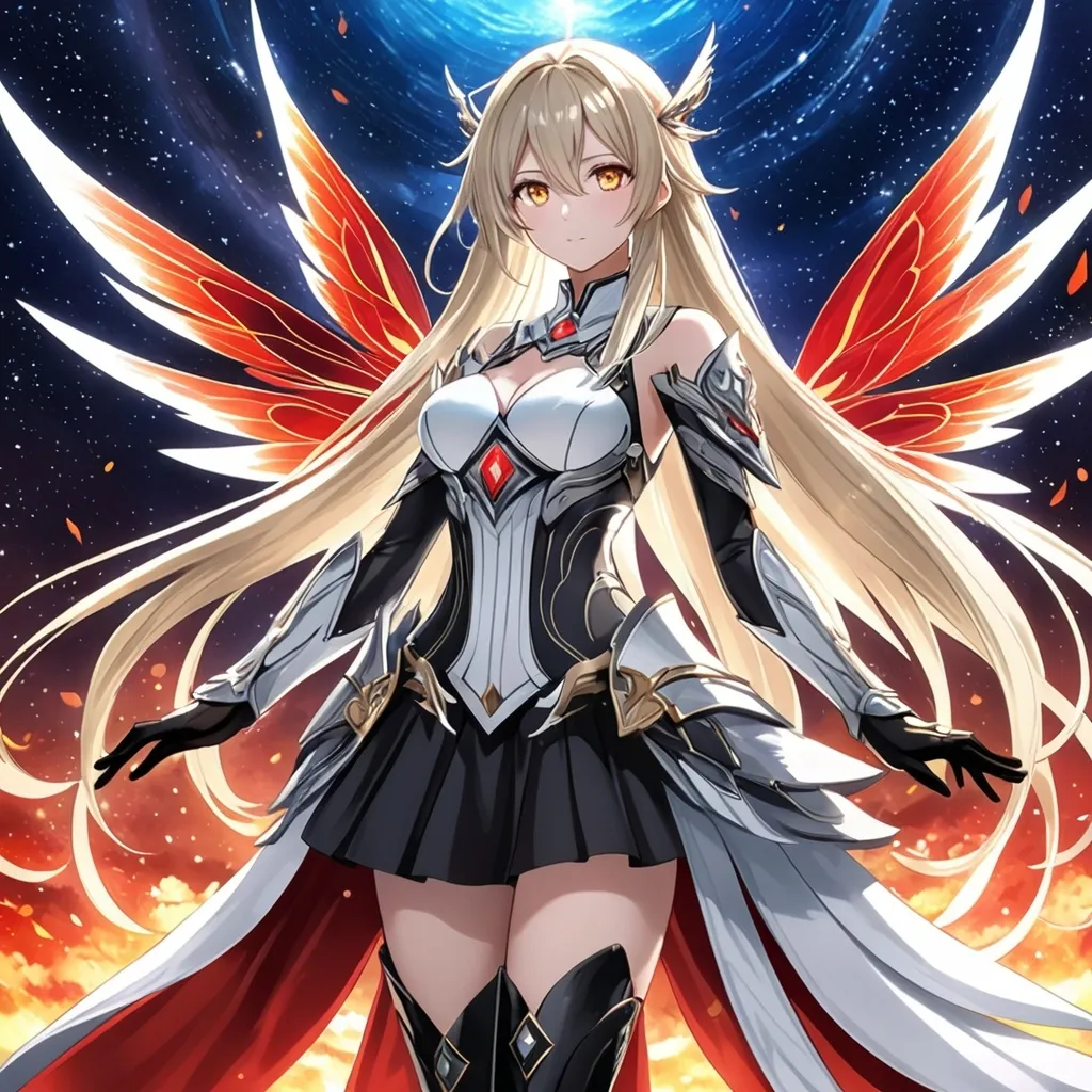 Prompt: anime, girl, detailed, very detailed, a woman in a white clothes, black skirt, stars and galactic in the background, official art, anime, girl, detailed, very detailed, crystal yellow eyes, very long blonde hair, 8k, detailed eyes, Anime illustration of a tall woman,  flame fairy wings, black thigh-highs, bright pupils, space, starfalls , high quality, thin body, anime art, detailed eyes, professional, atmospheric lighting, normal hands, five fingers, aura, adult woman, cold face, sharp eyes, 1girl, glowing eyes, Lumine from genshin impact, dress, textured corset with gold accessories, wearing long black gloves, bare shoulders, pyrokinesis, flame, white long arms shirt with black gloves, a white armor futuristic suit