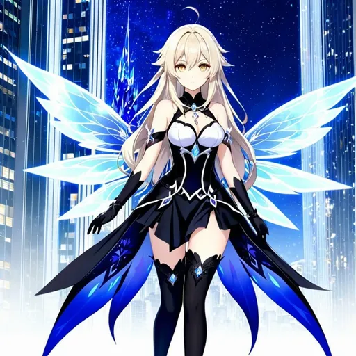 Prompt: anime, girl, detailed, very detailed, a woman in a white shirt inside, black skirt with a sword on a city street with skyscrapers in the background, official art, anime, girl, detailed, very detailed, crystal yellow eyes, very long blonde hair, 8k, detailed eyes, Anime illustration of a tall woman, light fairy wings, black thigh-highs, bright pupils, space, starfalls , high quality, thin body, anime art, detailed eyes, professional, atmospheric lighting, normal hands, five fingers, aura, adult woman, cold face, sharp eyes, 1girl, glowing eyes, Lumine from genshin impact, dress, textured corset with gold accessories, wearing long black gloves