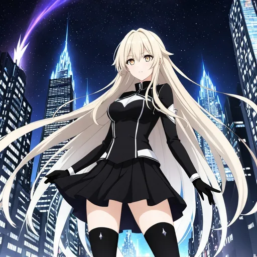 Prompt: anime, girl, detailed, very detailed, a woman in a black shirt inside, black skirt with a sword on a city street with skyscrapers in the background, official art, anime, girl, detailed, very detailed, crystal amber eyes, very long blonde hair, 8k, detailed eyes, wearing gloves, Anime illustration of a tall woman, hands behind back, black thigh-highs and black gloves, bright pupils, space, starfalls , high quality, thin body, anime art, detailed eyes, professional, atmospheric lighting, normal hands, five fingers, aura, adult woman, cold face, sharp eyes, 1girl, glowing eyes