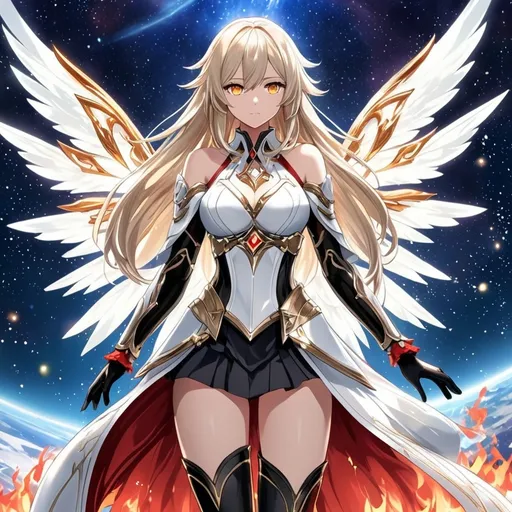 Prompt: anime, girl, detailed, very detailed, a woman in a white clothes, black skirt, stars and galactic in the background, official art, anime, girl, detailed, very detailed, crystal yellow eyes, very long blonde hair, 8k, detailed eyes, Anime illustration of a tall woman,  flame fairy wings, black thigh-highs, bright pupils, space, starfalls , high quality, thin body, anime art, detailed eyes, professional, atmospheric lighting, normal hands, five fingers, aura, adult woman, cold face, sharp eyes, 1girl, glowing eyes, Lumine from genshin impact, dress, textured corset with gold accessories, wearing long black gloves, bare shoulders, pyrokinesis, flame, white long arms shirt with black gloves, a white armor futuristic suit