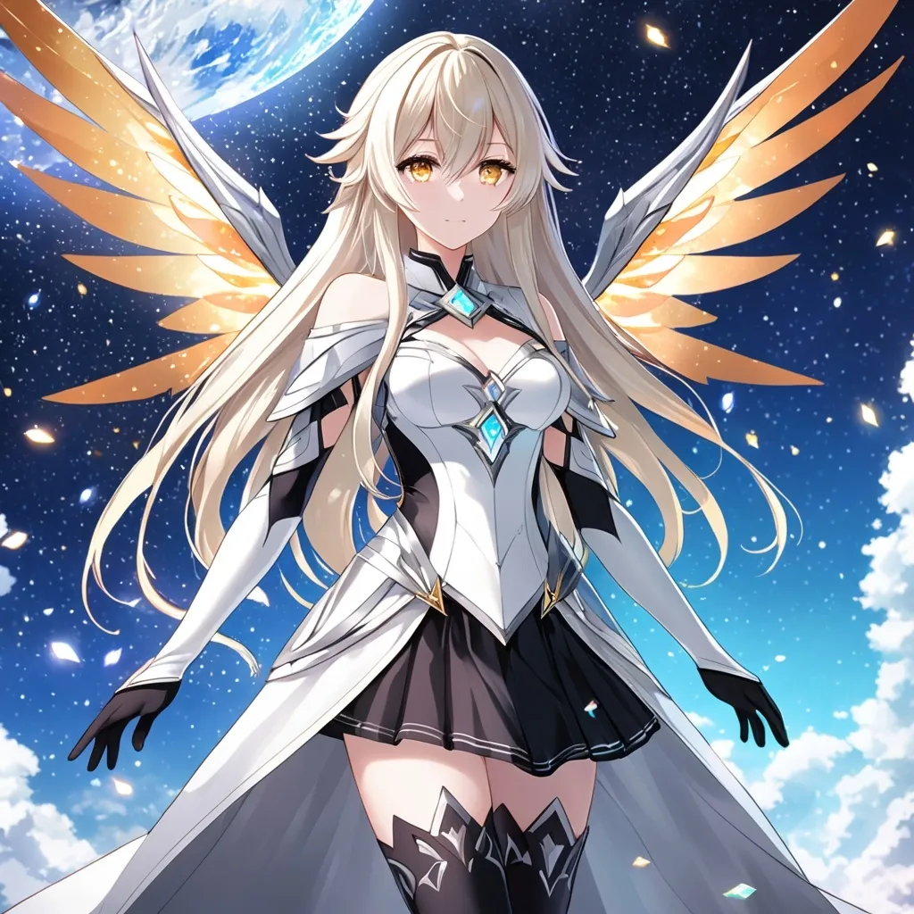 Prompt: anime, girl, detailed, very detailed, a woman in a white clothes, black skirt, stars and galactic in the background, official art, anime, girl, detailed, very detailed, crystal yellow eyes, very long blonde hair, 8k, detailed eyes, Anime illustration of a tall woman,  flame fairy wings, black thigh-highs, bright pupils, space, starfalls , high quality, thin body, anime art, detailed eyes, professional, atmospheric lighting, normal hands, five fingers, aura, adult woman, cold face, sharp eyes, 1girl, glowing eyes, Lumine from genshin impact, dress, textured corset with gold accessories, wearing long black gloves, bare shoulders, pyrokinesis, flame, white long arms shirt with black gloves, a white armor futuristic suit