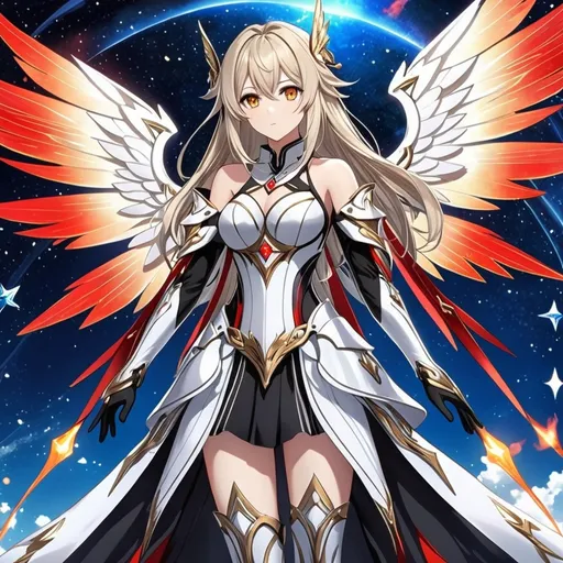 Prompt: anime, girl, detailed, very detailed, a woman in a white clothes, black skirt, stars and galactic in the background, official art, anime, girl, detailed, very detailed, crystal yellow eyes, very long blonde hair, 8k, detailed eyes, Anime illustration of a tall woman,  flame fairy wings, black thigh-highs, bright pupils, space, starfalls , high quality, thin body, anime art, detailed eyes, professional, atmospheric lighting, normal hands, five fingers, aura, adult woman, cold face, sharp eyes, 1girl, glowing eyes, Lumine from genshin impact, dress, textured corset with gold accessories, wearing long black gloves, bare shoulders, pyrokinesis, flame, white long arms shirt with black gloves, a white armor futuristic suit