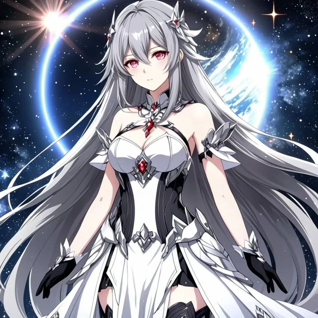 Prompt: Crystal ruby eyes, very black silver hair, galactic background, 8k, he, detailed eyes, glove holding, textured dress, textured corset with silver accessories, Anime illustration of a tall woman wearing a white dress, hands behind back, black thigh-highs and black gloves, bright pupils, space, starfalls , high quality, thin body, anime art, detailed eyes, professional, atmospheric lighting, normal hands, five fingers, aura, adult woman, cold face, herrscher from honkai impact's outfit, sharp eyes, 1girl, glowing eyes, sun, a god that had the power to override and rewrite every rule as desired.