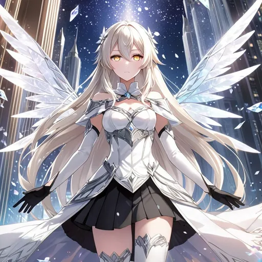 Prompt: anime, girl, detailed, very detailed, a woman in a black clothes and black skirt with a sword on a city street with skyscrapers in the background, official art, anime, girl, detailed, very detailed, crystal yellow eyes, very long blonde hair, 8k, detailed eyes, Anime illustration of a tall woman, light fairy wings, black thigh-highs, bright pupils, space, starfalls , high quality, thin body, anime art, detailed eyes, professional, atmospheric lighting, normal hands, five fingers, aura, adult woman, cold face, sharp eyes, 1girl, glowing eyes, Lumine from genshin impact, dress, textured corset with gold accessories, wearing long black gloves, bare shoulders