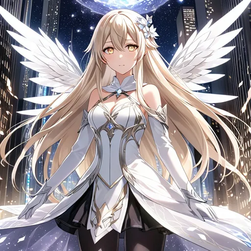 Prompt: anime, girl, detailed, very detailed, a woman in a white clothes, black skirt with a sword on a city street with skyscrapers in the background, official art, anime, girl, detailed, very detailed, crystal yellow eyes, very long blonde hair, 8k, detailed eyes, Anime illustration of a tall woman, gold light fairy wings, black thigh-highs, bright pupils, space, starfalls , high quality, thin body, anime art, detailed eyes, professional, atmospheric lighting, normal hands, five fingers, aura, adult woman, cold face, sharp eyes, 1girl, glowing eyes, Lumine from genshin impact, dress, textured corset with gold accessories, wearing long black gloves, bare shoulders, pyrokinesis, flame, white long arms shirt