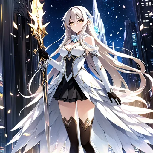 Prompt: anime, girl, detailed, very detailed, a woman in a white clothes, black skirt with a sword on a city street with skyscrapers in the background, official art, anime, girl, detailed, very detailed, crystal yellow eyes, very long blonde hair, 8k, detailed eyes, Anime illustration of a tall woman, gold light fairy wings, black thigh-highs, bright pupils, space, starfalls , high quality, thin body, anime art, detailed eyes, professional, atmospheric lighting, normal hands, five fingers, aura, adult woman, cold face, sharp eyes, 1girl, glowing eyes, Lumine from genshin impact, dress, textured corset with gold accessories, wearing long black gloves, bare shoulders, pyrokinesis, flame, white long arms shirt with black gloves