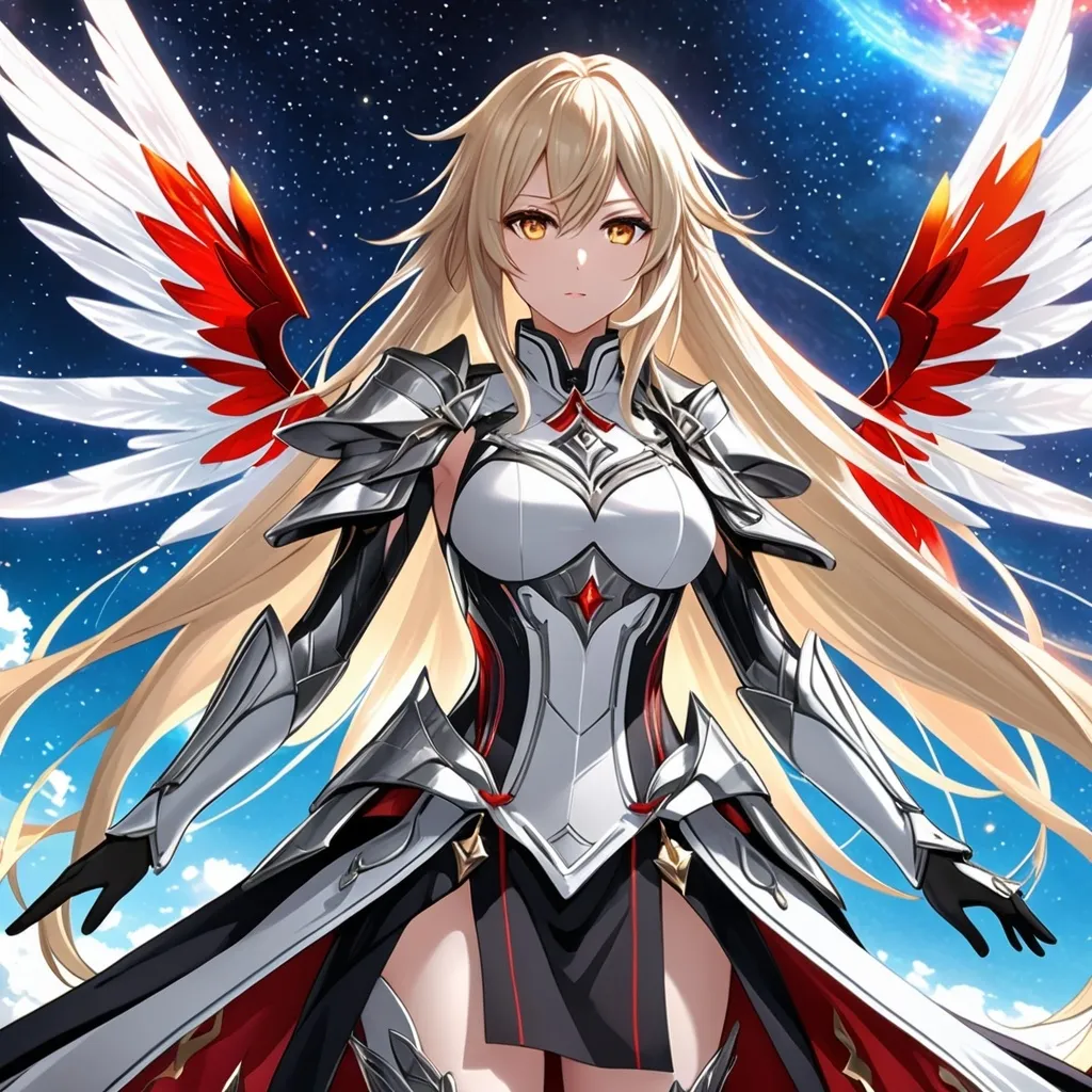 Prompt: anime, girl, detailed, very detailed, a woman in a white clothes, black skirt, stars and galactic in the background, official art, anime, girl, detailed, very detailed, crystal yellow eyes, very long blonde hair, 8k, detailed eyes, Anime illustration of a tall woman,  flame fairy wings, black thigh-highs, bright pupils, space, starfalls , high quality, thin body, anime art, detailed eyes, professional, atmospheric lighting, normal hands, five fingers, aura, adult woman, cold face, sharp eyes, 1girl, glowing eyes, Lumine from genshin impact, dress, textured corset with gold accessories, wearing long black gloves, bare shoulders, pyrokinesis, flame, white long arms shirt with black gloves, a white armor futuristic suit, Very long blonde hair, cape