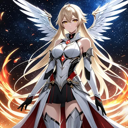 Prompt: anime, girl, detailed, very detailed, a woman in a white clothes, black skirt, stars and galactic in the background, official art, anime, girl, detailed, very detailed, crystal yellow eyes, very long blonde hair, 8k, detailed eyes, Anime illustration of a tall woman,  flame wings, black thigh-highs, bright pupils, space, starfalls , high quality, thin body, anime art, detailed eyes, professional, atmospheric lighting, normal hands, five fingers, aura, adult woman, cold face, sharp eyes, 1girl, glowing eyes, Lumine from genshin impact, dress, textured corset with gold accessories, wearing long black gloves, bare shoulders, pyrokinesis, flame, white long arms shirt with black gloves, a white armor futuristic suit