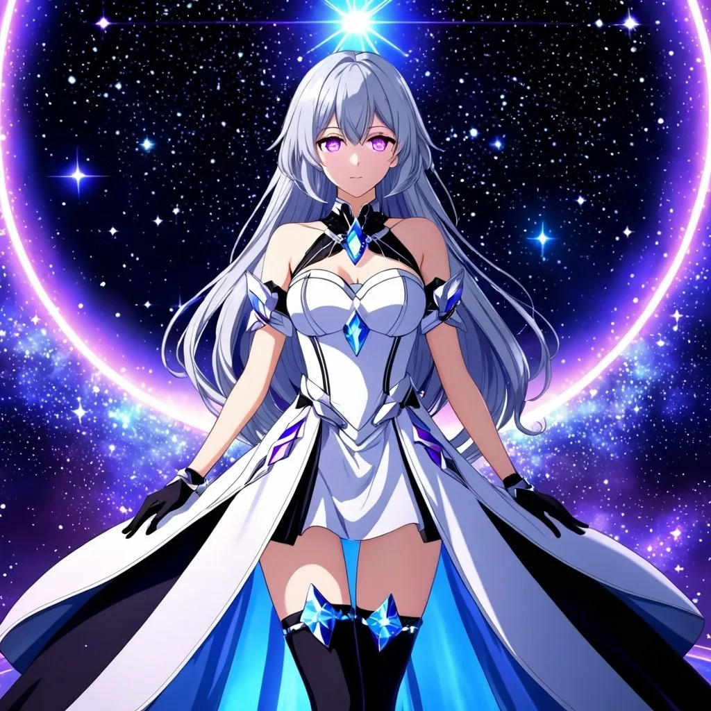 Prompt: Crystal purple eyes, long silver hair, galactic background, 8k, he, detailed eyes, glove holding, textured dress, textured corset with silver accessories, Anime illustration of a tall woman wearing a white dress, hands behind back, black thigh-highs and black gloves, bright pupils, space, starfalls , high quality, thin body, anime art, detailed eyes, professional, atmospheric lighting, normal hands, five fingers, aura, adult woman, cold face, herrscher from honkai impact's outfit, sharp eyes, 1girl, glowing eyes