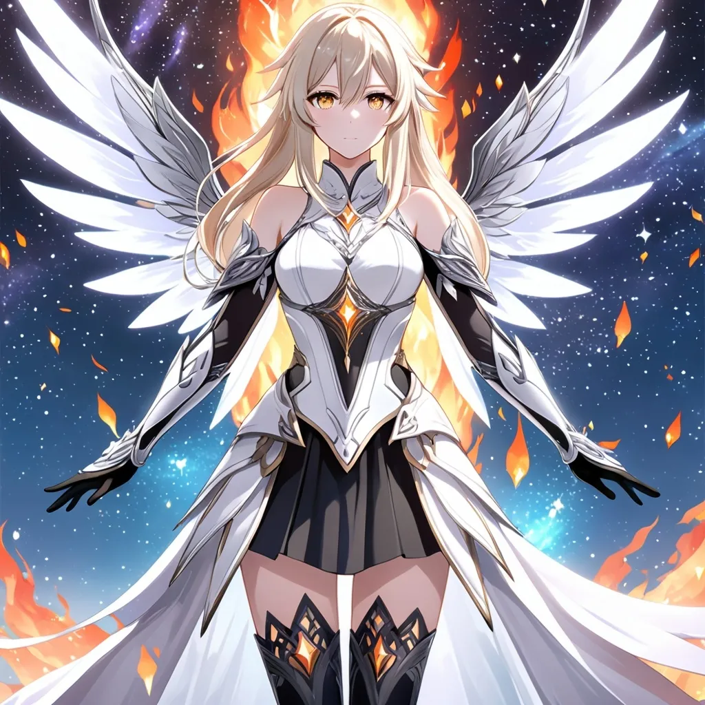 Prompt: anime, girl, detailed, very detailed, a woman in a white clothes, black skirt, stars and galactic in the background, official art, anime, girl, detailed, very detailed, crystal yellow eyes, very long blonde hair, 8k, detailed eyes, Anime illustration of a tall woman,  flame fairy wings, black thigh-highs, bright pupils, space, starfalls , high quality, thin body, anime art, detailed eyes, professional, atmospheric lighting, normal hands, five fingers, aura, adult woman, cold face, sharp eyes, 1girl, glowing eyes, Lumine from genshin impact, dress, textured corset with gold accessories, wearing long black gloves, bare shoulders, pyrokinesis, flame, white long arms shirt with black gloves, a white armor futuristic suit