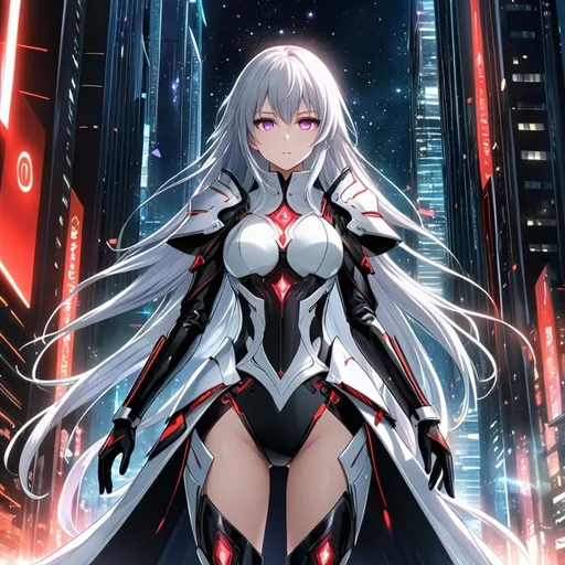 Prompt: anime, girl, detailed, very detailed, a woman in a white armor futuristic suit with a sword on a city street with skyscrapers in the background, official art, anime, girl, detailed, very detailed, crystal purple eyes, very long silver hair, 8k, he, detailed eyes, glove holding, Anime illustration of a tall woman, hands behind back, black thigh-highs and black gloves, bright pupils, space, starfalls , high quality, thin body, anime art, detailed eyes, professional, atmospheric lighting, normal hands, five fingers, aura, adult woman, cold face, sharp eyes, 1girl, glowing eyes