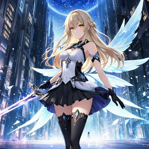 Prompt: anime, girl, detailed, very detailed, a woman in a white shirt inside, black skirt with a sword on a city street with skyscrapers in the background, official art, anime, girl, detailed, very detailed, crystal yellow eyes, very long blonde hair, 8k, detailed eyes, wearing gloves, Anime illustration of a tall woman, light fairy wings, black thigh-highs and black gloves, bright pupils, space, starfalls , high quality, thin body, anime art, detailed eyes, professional, atmospheric lighting, normal hands, five fingers, aura, adult woman, cold face, sharp eyes, 1girl, glowing eyes, Lumine from genshin impact