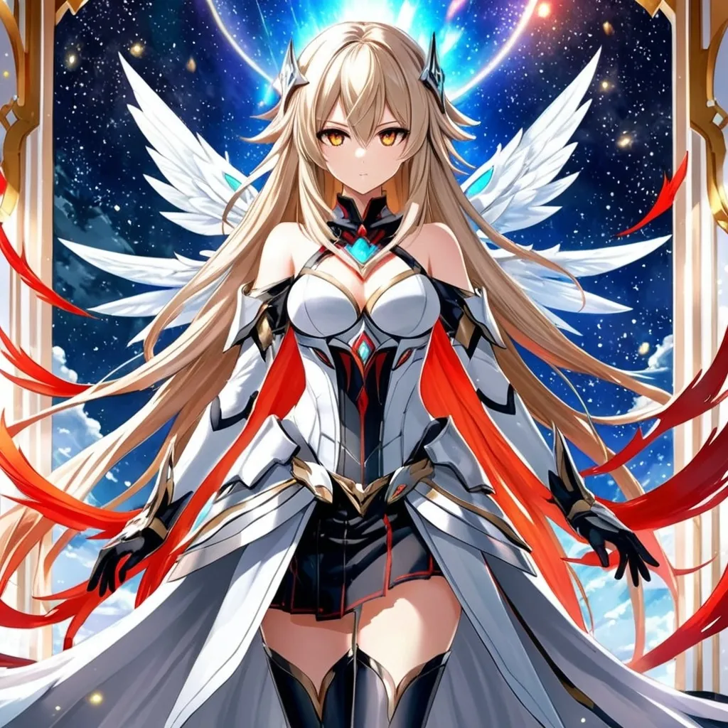 Prompt: anime, girl, detailed, very detailed, a woman in a white clothes, black skirt, stars and galactic in the background, official art, anime, girl, detailed, very detailed, crystal yellow eyes, very long blonde hair, 8k, detailed eyes, Anime illustration of a tall woman,  flame fairy wings, black thigh-highs, bright pupils, space, starfalls , high quality, thin body, anime art, detailed eyes, professional, atmospheric lighting, normal hands, five fingers, aura, adult woman, cold face, sharp eyes, 1girl, glowing eyes, Lumine from genshin impact, dress, textured corset with gold accessories, wearing long black gloves, bare shoulders, pyrokinesis, flame, white long arms shirt with black gloves, a white armor futuristic suit