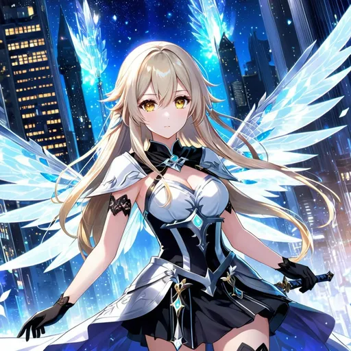 Prompt: anime, girl, detailed, very detailed, a woman in a white shirt inside, black skirt with a sword on a city street with skyscrapers in the background, official art, anime, girl, detailed, very detailed, crystal yellow eyes, very long blonde hair, 8k, detailed eyes, wearing gloves, Anime illustration of a tall woman, light fairy wings, black thigh-highs and black gloves, bright pupils, space, starfalls , high quality, thin body, anime art, detailed eyes, professional, atmospheric lighting, normal hands, five fingers, aura, adult woman, cold face, sharp eyes, 1girl, glowing eyes, Lumine from genshin impact, dress, textured corset with gold accessories, knight dress