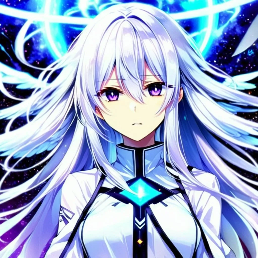 Prompt: 1girl, an anime girl with long white hair, anime art, an anime drawing, dull eyes, purple eyes, tall woman, high quality, thin body, multiple wings, angel, six wings, hands behind back, head wings, glowing eyes, halo, black thighhighs, bright pupils, white clothes, thunder, black gloves