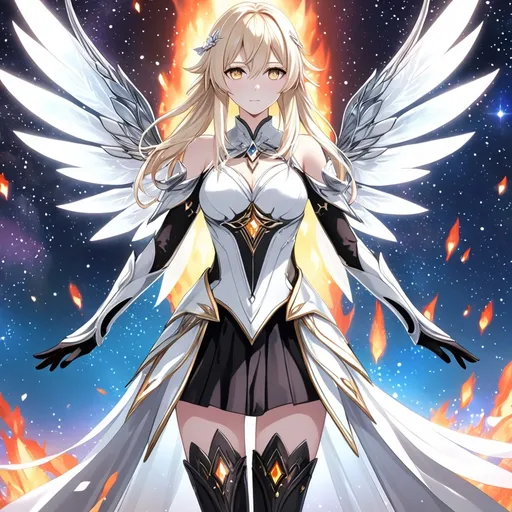 Prompt: anime, girl, detailed, very detailed, a woman in a white clothes, black skirt, stars and galactic in the background, official art, anime, girl, detailed, very detailed, crystal yellow eyes, very long blonde hair, 8k, detailed eyes, Anime illustration of a tall woman,  flame fairy wings, black thigh-highs, bright pupils, space, starfalls , high quality, thin body, anime art, detailed eyes, professional, atmospheric lighting, normal hands, five fingers, aura, adult woman, cold face, sharp eyes, 1girl, glowing eyes, Lumine from genshin impact, dress, textured corset with gold accessories, wearing long black gloves, bare shoulders, pyrokinesis, flame, white long arms shirt with black gloves, a white armor futuristic suit