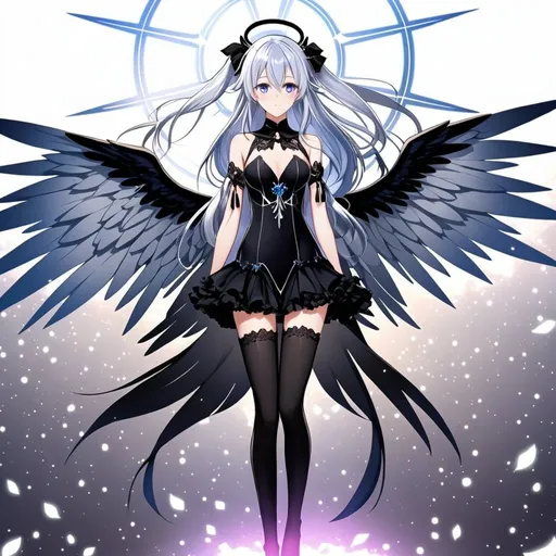 Prompt: 1girl, an anime girl with long blue hair, anime art, an anime drawing, dull eyes, purple eyes, tall woman, high quality, thin body, multiple wings, angel, six wings, hands behind back, head wings, glowing eyes, halo, black thighhighs, bright pupils 