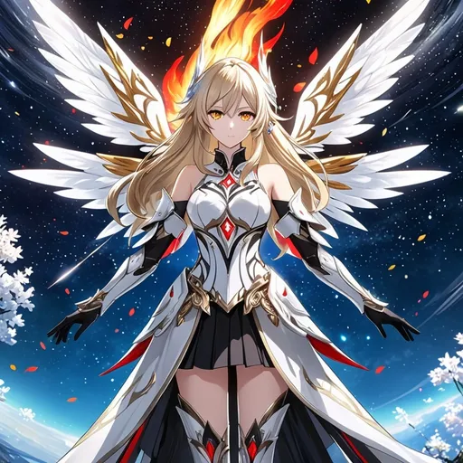 Prompt: anime, girl, detailed, very detailed, a woman in a white clothes, black skirt, stars and galactic in the background, official art, anime, girl, detailed, very detailed, crystal yellow eyes, very long blonde hair, 8k, detailed eyes, Anime illustration of a tall woman,  flame fairy wings, black thigh-highs, bright pupils, space, starfalls , high quality, thin body, anime art, detailed eyes, professional, atmospheric lighting, normal hands, five fingers, aura, adult woman, cold face, sharp eyes, 1girl, glowing eyes, Lumine from genshin impact, dress, textured corset with gold accessories, wearing long black gloves, bare shoulders, pyrokinesis, flame, white long arms shirt with black gloves, a white armor futuristic suit