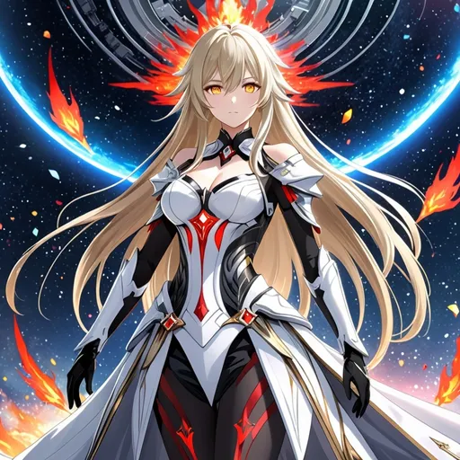 Prompt: anime, girl, detailed, very detailed, a woman in a white clothes, black skirt, stars and galactic in the background, official art, anime, girl, detailed, very detailed, crystal yellow eyes, very long blonde hair, 8k, detailed eyes, Anime illustration of a tall woman, fire aura, black thigh-highs, bright pupils, space, starfalls , high quality, thin body, anime art, detailed eyes, professional, atmospheric lighting, normal hands, five fingers, aura, adult woman, cold face, sharp eyes, 1girl, glowing eyes, Lumine from genshin impact, dress, textured corset with gold accessories, wearing long black gloves, bare shoulders, pyrokinesis, flame, white long arms shirt with black gloves, a white armor futuristic suit, Very long blonde hair