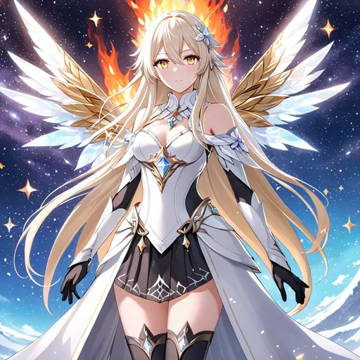 Prompt: anime, girl, detailed, very detailed, a woman in a white clothes, black skirt, stars and galactic in the background, official art, anime, girl, detailed, very detailed, crystal yellow eyes, very long blonde hair, 8k, detailed eyes, Anime illustration of a tall woman,  flame fairy wings, black thigh-highs, bright pupils, space, starfalls , high quality, thin body, anime art, detailed eyes, professional, atmospheric lighting, normal hands, five fingers, aura, adult woman, cold face, sharp eyes, 1girl, glowing eyes, Lumine from genshin impact, dress, textured corset with gold accessories, wearing long black gloves, bare shoulders, pyrokinesis, flame, white long arms shirt with black gloves, a white armor futuristic suit