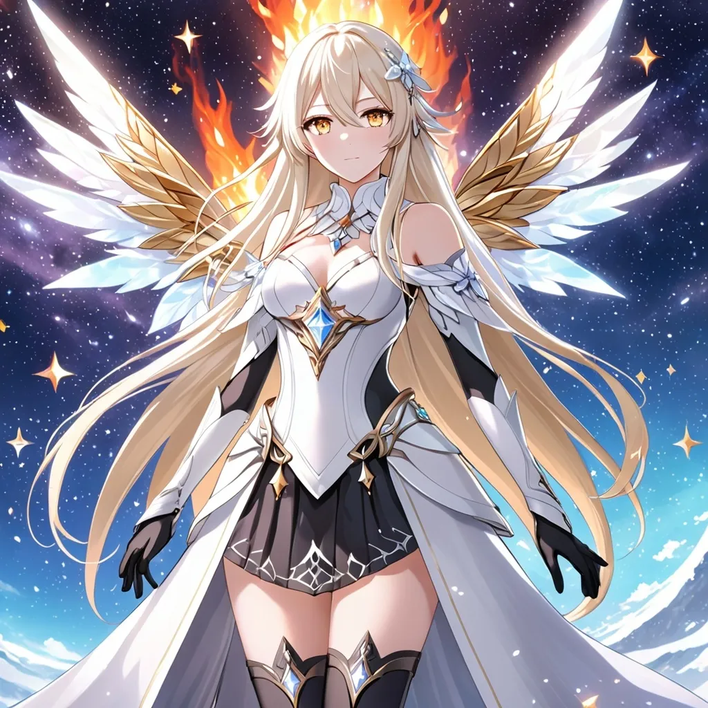 Prompt: anime, girl, detailed, very detailed, a woman in a white clothes, black skirt, stars and galactic in the background, official art, anime, girl, detailed, very detailed, crystal yellow eyes, very long blonde hair, 8k, detailed eyes, Anime illustration of a tall woman,  flame fairy wings, black thigh-highs, bright pupils, space, starfalls , high quality, thin body, anime art, detailed eyes, professional, atmospheric lighting, normal hands, five fingers, aura, adult woman, cold face, sharp eyes, 1girl, glowing eyes, Lumine from genshin impact, dress, textured corset with gold accessories, wearing long black gloves, bare shoulders, pyrokinesis, flame, white long arms shirt with black gloves, a white armor futuristic suit