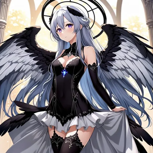 Prompt: 1girl, an anime girl with long blue hair, anime art, an anime drawing, dull eyes, purple eyes, tall woman, high quality, thin body, multiple wings, angel, six wings, hands behind back, head wings, glowing eyes, halo, black thighhighs