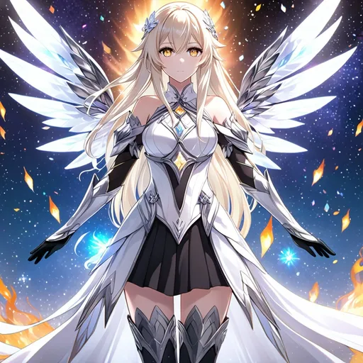 Prompt: anime, girl, detailed, very detailed, a woman in a white clothes, black skirt, stars and galactic in the background, official art, anime, girl, detailed, very detailed, crystal yellow eyes, very long blonde hair, 8k, detailed eyes, Anime illustration of a tall woman,  flame fairy wings, black thigh-highs, bright pupils, space, starfalls , high quality, thin body, anime art, detailed eyes, professional, atmospheric lighting, normal hands, five fingers, aura, adult woman, cold face, sharp eyes, 1girl, glowing eyes, Lumine from genshin impact, dress, textured corset with gold accessories, wearing long black gloves, bare shoulders, pyrokinesis, flame, white long arms shirt with black gloves, a white armor futuristic suit, Very long blonde hair