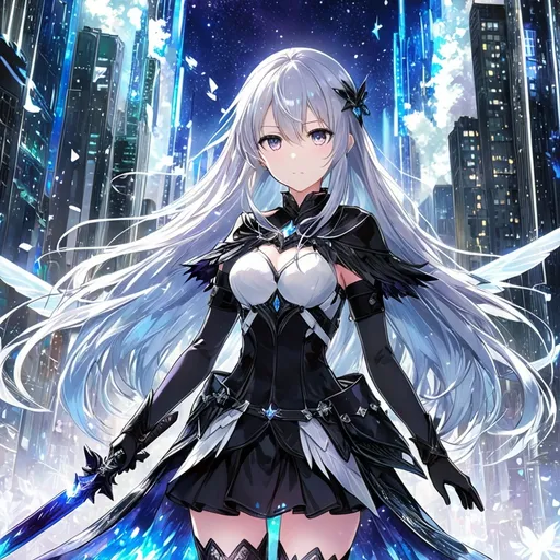 Prompt: anime, girl, detailed, very detailed, a woman in a white shirt inside black coat, black skirt with a sword on a city street with skyscrapers in the background, official art, anime, girl, detailed, very detailed, crystal ruby eyes, very long blue hair, 8k, detailed eyes, wearing gloves, Anime illustration of a tall woman, light fairy wings, black thigh-highs and black gloves, bright pupils, space, starfalls , high quality, thin body, anime art, detailed eyes, professional, atmospheric lighting, normal hands, five fingers, aura, adult woman, cold face, sharp eyes, 1girl, glowing eyes