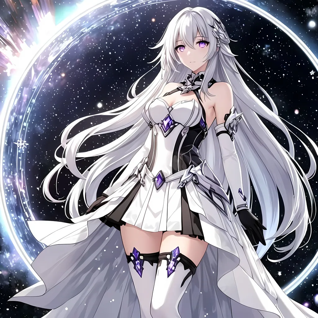 Prompt: Crystal purple eyes, long silver hair, galactic background, 8k, he, detailed eyes, glove holding, textured dress, textured corset with silver accessories, Anime illustration of a tall woman wearing a white dress, hands behind back, white thigh-highs and long black gloves, bright pupils, space, starfalls , high quality, thin body, anime art, detailed eyes, professional, atmospheric lighting, normal hands, five fingers, aura, adult woman, cold face, herrscher from honkai impact's outfit, sharp eyes, 1girl, glowing eyes