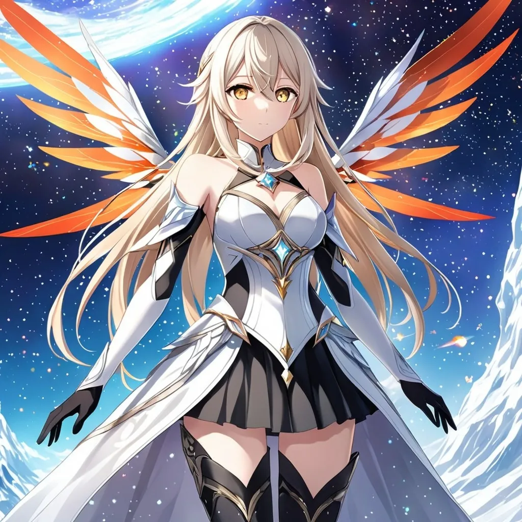 Prompt: anime, girl, detailed, very detailed, a woman in a white clothes, black skirt, stars and galactic in the background, official art, anime, girl, detailed, very detailed, crystal yellow eyes, very long blonde hair, 8k, detailed eyes, Anime illustration of a tall woman,  flame fairy wings, black thigh-highs, bright pupils, space, starfalls , high quality, thin body, anime art, detailed eyes, professional, atmospheric lighting, normal hands, five fingers, aura, adult woman, cold face, sharp eyes, 1girl, glowing eyes, Lumine from genshin impact, dress, textured corset with gold accessories, wearing long black gloves, bare shoulders, pyrokinesis, flame, white long arms shirt with black gloves, a white armor futuristic suit