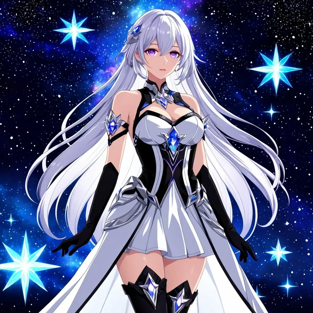 Prompt: Crystal purple eyes, long silver hair, galactic background, 8k, he, detailed eyes, glove holding, textured dress, textured corset with silver accessories, Anime illustration of a tall woman wearing a white dress, hands behind back, black thigh-highs and black gloves, bright pupils, space, starfalls , high quality, thin body, anime art, detailed eyes, professional, atmospheric lighting, normal hands, five fingers, aura, adult woman, cold face, herrscher from honkai impact's outfit, sharp eyes, 1girl, glowing eyes