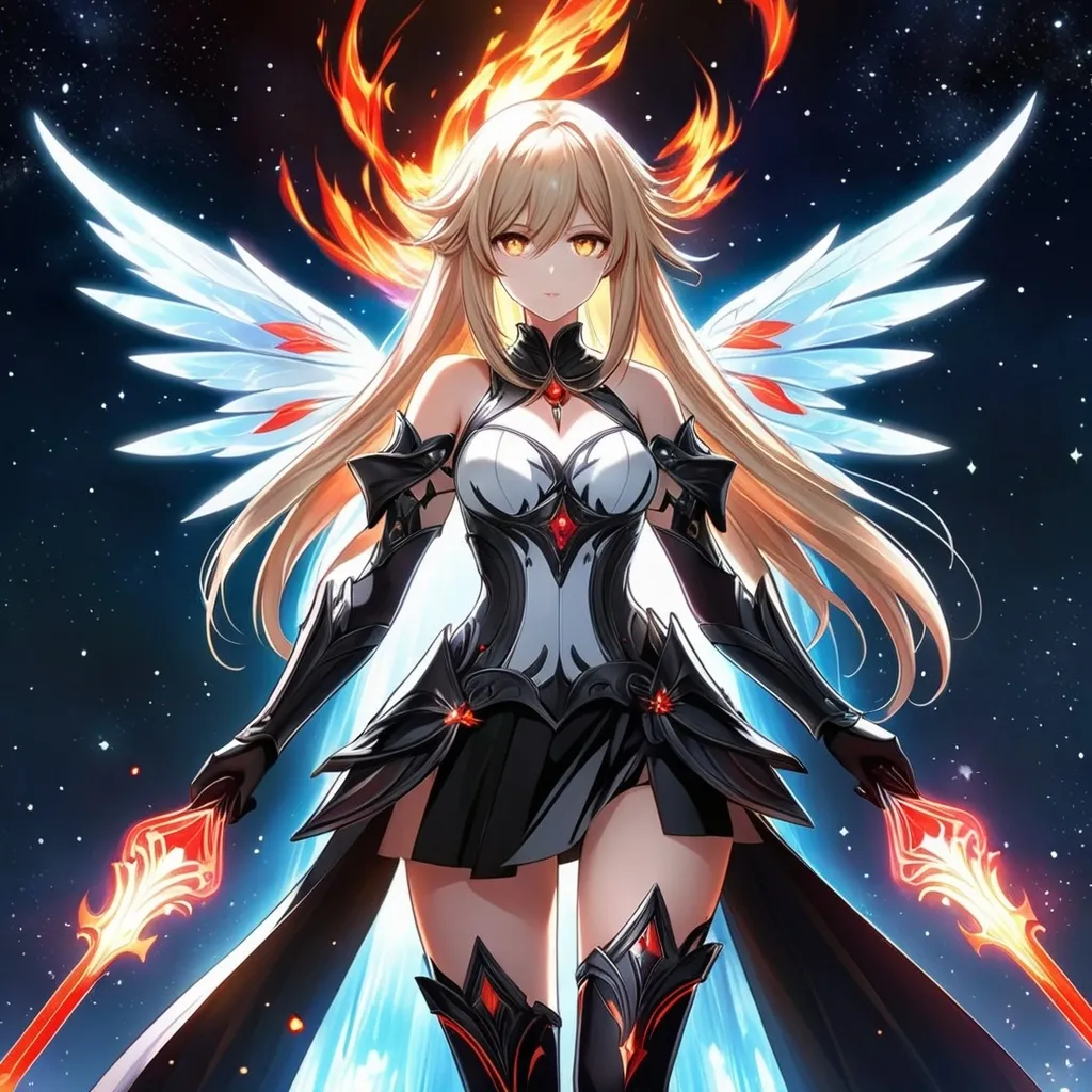 Prompt: anime, girl, detailed, very detailed, a woman in a white clothes, black skirt, stars and galactic in the background, official art, anime, girl, detailed, very detailed, crystal yellow eyes, very long blonde hair, 8k, detailed eyes, Anime illustration of a tall woman,  flame fairy wings, black thigh-highs, bright pupils, space, starfalls , high quality, thin body, anime art, detailed eyes, professional, atmospheric lighting, normal hands, five fingers, aura, adult woman, cold face, sharp eyes, 1girl, glowing eyes, Lumine from genshin impact, dress, textured corset with gold accessories, wearing long black gloves, bare shoulders, pyrokinesis, flame, white long arms shirt with black gloves, a white armor futuristic suit