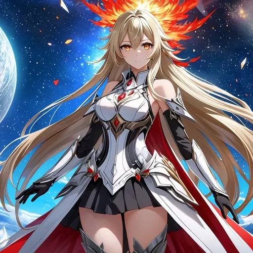 Prompt: anime, girl, detailed, very detailed, a woman in a white clothes, black skirt, stars and galactic in the background, official art, anime, girl, detailed, very detailed, crystal yellow eyes, very long blonde hair, 8k, detailed eyes, Anime illustration of a tall woman, fire aura, black thigh-highs, bright pupils, space, starfalls , high quality, thin body, anime art, detailed eyes, professional, atmospheric lighting, normal hands, five fingers, aura, adult woman, cold face, sharp eyes, 1girl, glowing eyes, Lumine from genshin impact, dress, textured corset with gold accessories, wearing long black gloves, bare shoulders, pyrokinesis, flame, white long arms shirt with black gloves, a white armor futuristic suit, Very long blonde hair