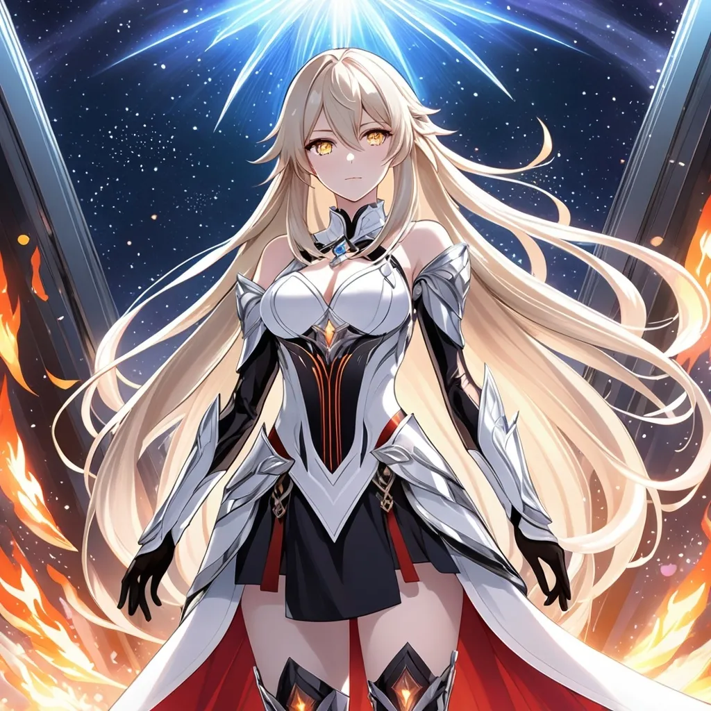 Prompt: anime, girl, detailed, very detailed, a woman in a white clothes, black skirt, stars and galactic in the background, official art, anime, girl, detailed, very detailed, crystal yellow eyes, very long blonde hair, 8k, detailed eyes, Anime illustration of a tall woman,  flame fairy wings, black thigh-highs, bright pupils, space, starfalls , high quality, thin body, anime art, detailed eyes, professional, atmospheric lighting, normal hands, five fingers, aura, adult woman, cold face, sharp eyes, 1girl, glowing eyes, Lumine from genshin impact, dress, textured corset with gold accessories, wearing long black gloves, bare shoulders, pyrokinesis, flame, white long arms shirt with black gloves, a white armor futuristic suit, Very long blonde hair, cape