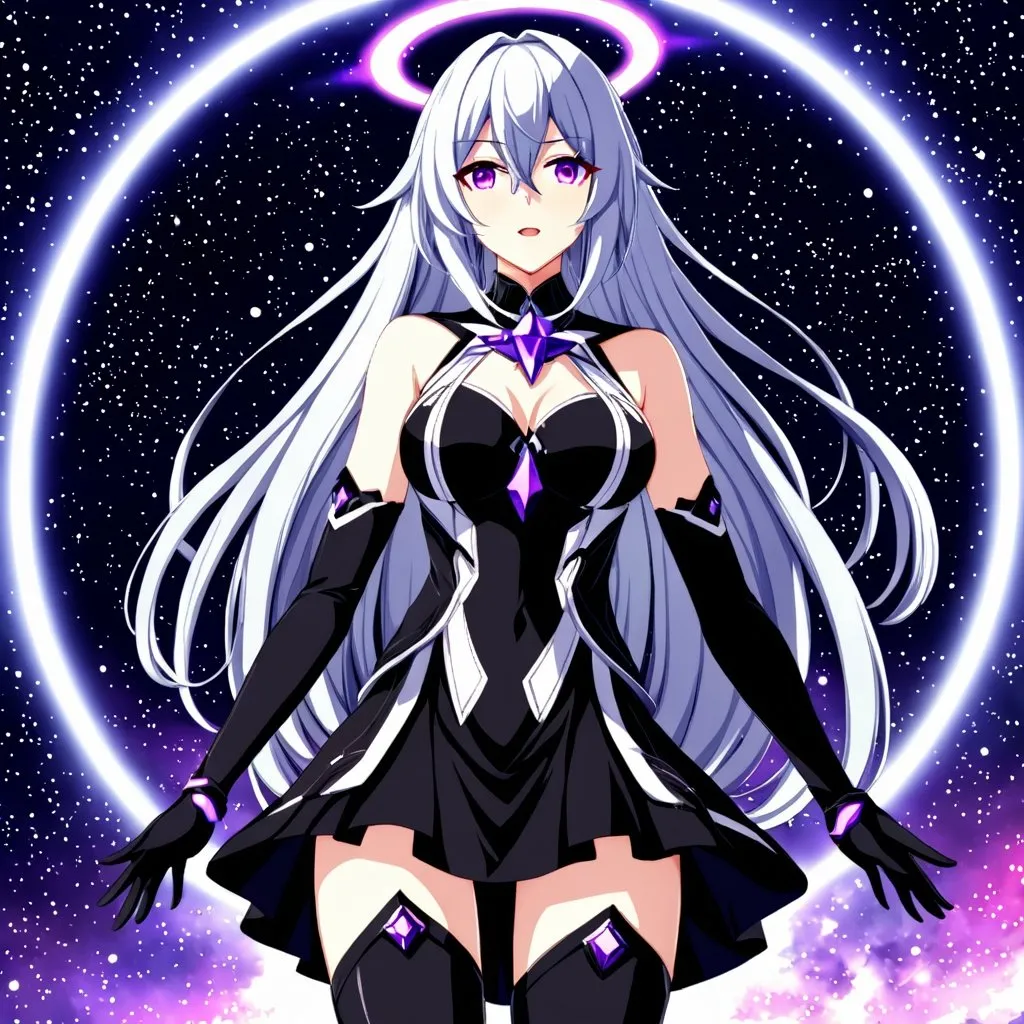 Prompt: Anime illustration of a tall woman with long black hair, purple eyes, wearing a black dress, hands behind back, black thigh-highs, and gloves, bright pupils, space, stars , high quality, thin body, anime art, detailed eyes, professional, atmospheric lighting, normal hands, five fingers, goddess, halo, adult woman, herrscher from honkai impact's outfit