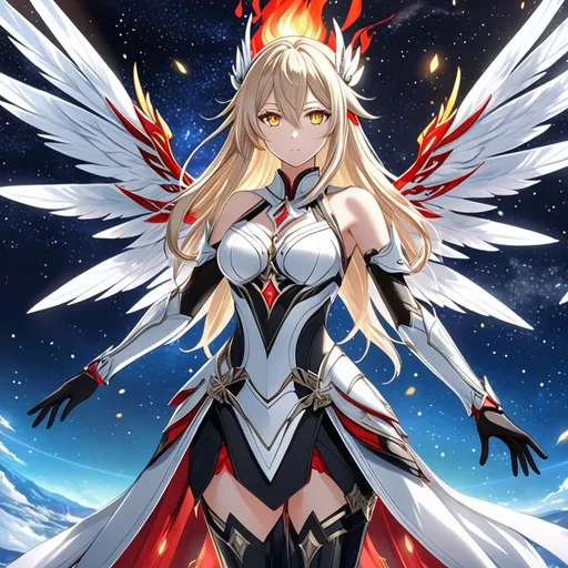 Prompt: anime, girl, detailed, very detailed, a woman in a white clothes, black skirt, stars and galactic in the background, official art, anime, girl, detailed, very detailed, crystal yellow eyes, very long blonde hair, 8k, detailed eyes, Anime illustration of a tall woman,  flame fairy wings, black thigh-highs, bright pupils, space, starfalls , high quality, thin body, anime art, detailed eyes, professional, atmospheric lighting, normal hands, five fingers, aura, adult woman, cold face, sharp eyes, 1girl, glowing eyes, Lumine from genshin impact, dress, textured corset with gold accessories, wearing long black gloves, bare shoulders, pyrokinesis, flame, white long arms shirt with black gloves, a white armor futuristic suit