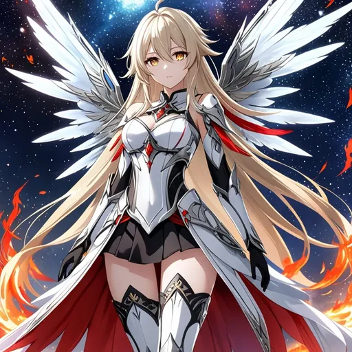 Prompt: anime, girl, detailed, very detailed, a woman in a white clothes, black skirt, stars and galactic in the background, official art, anime, girl, detailed, very detailed, crystal yellow eyes, very long blonde hair, 8k, detailed eyes, Anime illustration of a tall woman,  flame fairy wings, black thigh-highs, bright pupils, space, starfalls , high quality, thin body, anime art, detailed eyes, professional, atmospheric lighting, normal hands, five fingers, aura, adult woman, cold face, sharp eyes, 1girl, glowing eyes, Lumine from genshin impact, dress, textured corset with gold accessories, wearing long black gloves, bare shoulders, pyrokinesis, flame, white long arms shirt with black gloves, a white armor futuristic suit