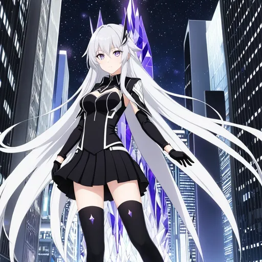 Prompt: anime, girl, detailed, very detailed, a woman in a black shirt inside, black skirt with a sword on a city street with skyscrapers in the background, official art, anime, girl, detailed, very detailed, crystal purple eyes, very long silver hair, 8k, detailed eyes, wearing gloves, Anime illustration of a tall woman, hands behind back, black thigh-highs and black gloves, bright pupils, space, starfalls , high quality, thin body, anime art, detailed eyes, professional, atmospheric lighting, normal hands, five fingers, aura, adult woman, cold face, sharp eyes, 1girl, glowing eyes